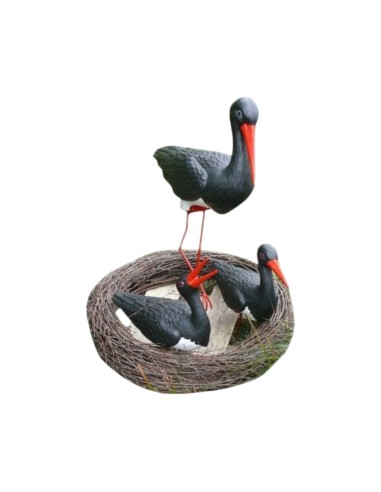 Nid de Cigogne Artificiel Famille 3 Cigognes Noires H: 70cm - Décoration Jardin