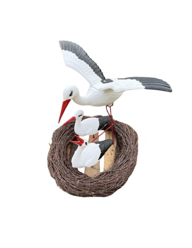 Nid de Cigogne Artificiel Famille 3 Cigognes dont 1 en Vol H: 70cm - Décoration Jardin