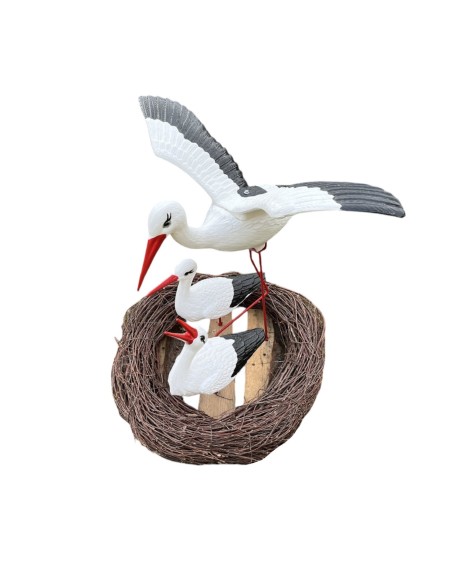 Nid de Cigogne Artificiel Famille 3 Cigognes dont 1 en Vol H: 70cm - Décoration Jardin
