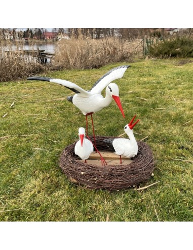Nid de Cigogne Artificiel Famille 3 Cigognes dont 1 en Vol H: 70cm - Décoration Jardin