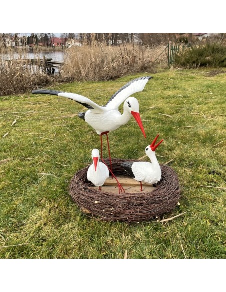 Nid de Cigogne Artificiel Famille 3 Cigognes dont 1 en Vol H: 70cm - Décoration Jardin