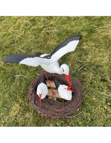 Nid de Cigogne Artificiel Famille 3 Cigognes dont 1 en Vol H: 70cm - Décoration Jardin