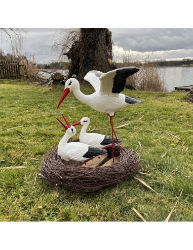Nid de Cigogne Artificiel Famille 3 Cigognes dont 1 en Vol H: 70cm - Décoration Jardin