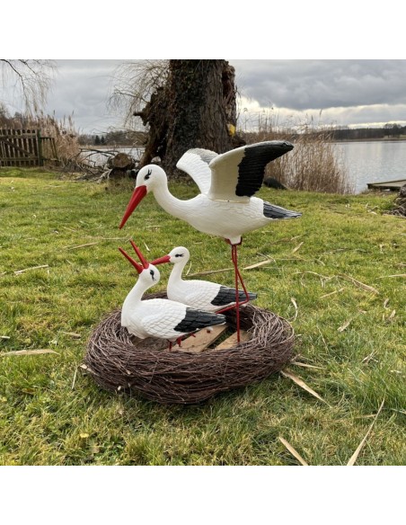 Nid de Cigogne Artificiel Famille 3 Cigognes dont 1 en Vol H: 70cm - Décoration Jardin