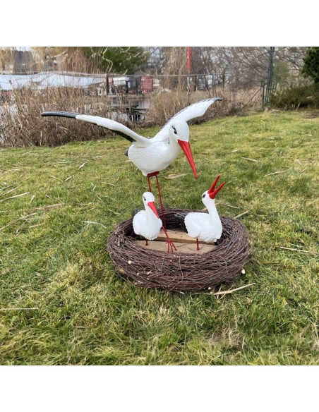 Nid de Cigogne Artificiel Famille 3 Cigognes dont 1 en Vol H: 70cm - Décoration Jardin