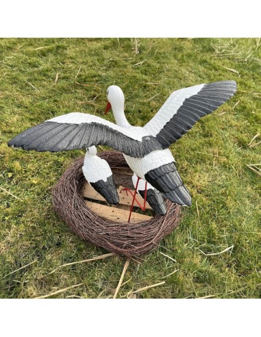 Nid de Cigogne Artificiel Famille 3 Cigognes dont 1 en Vol H: 70cm - Décoration Jardin