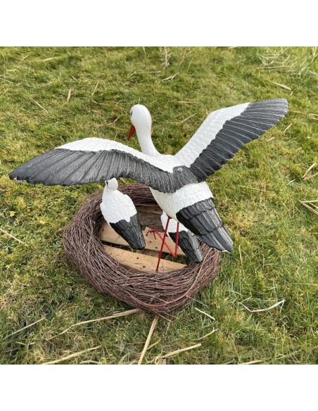 Nid de Cigogne Artificiel Famille 3 Cigognes dont 1 en Vol H: 70cm - Décoration Jardin