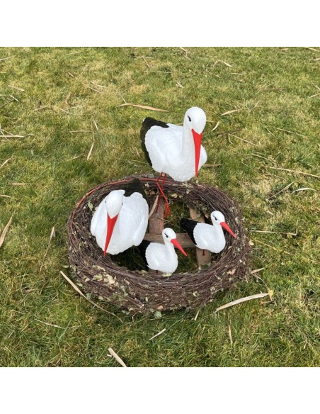 Nid de Cigogne Artificiel Famille 4 Cigognes H: 75cm - Décoration Jardin (Modèle A)