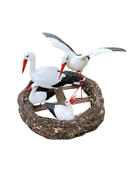 Nid de Cigogne Artificiel Famille 4 Cigognes dont 1 en Vol H: 70cm - Décoration Jardin