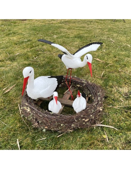 Nid de Cigogne Artificiel Famille 4 Cigognes dont 1 en Vol H: 70cm - Décoration Jardin