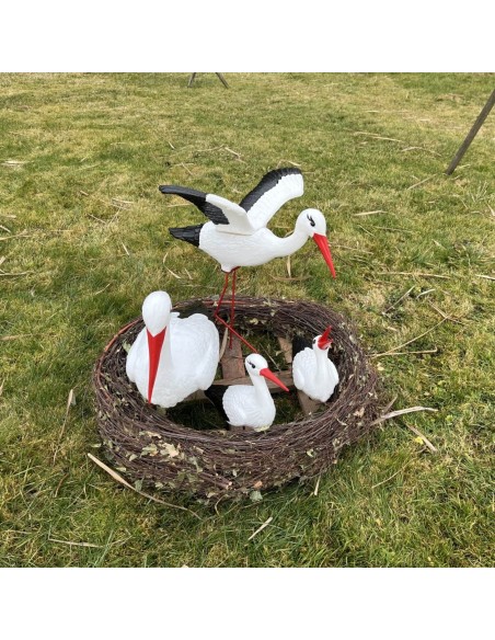 Nid de Cigogne Artificiel Famille 4 Cigognes dont 1 en Vol H: 70cm - Décoration Jardin