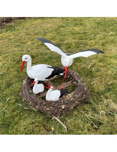 Nid de Cigogne Artificiel Famille 4 Cigognes dont 1 en Vol H: 70cm - Décoration Jardin